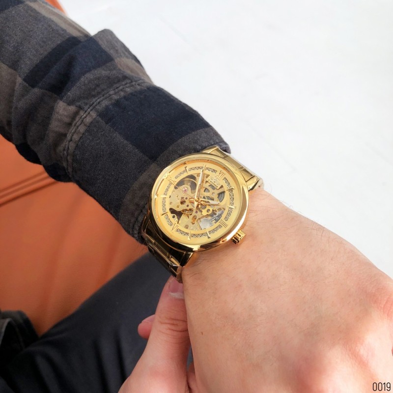 Мужские механические часы Winner 8173 Gold с автоподзаводом и стальным браслетом