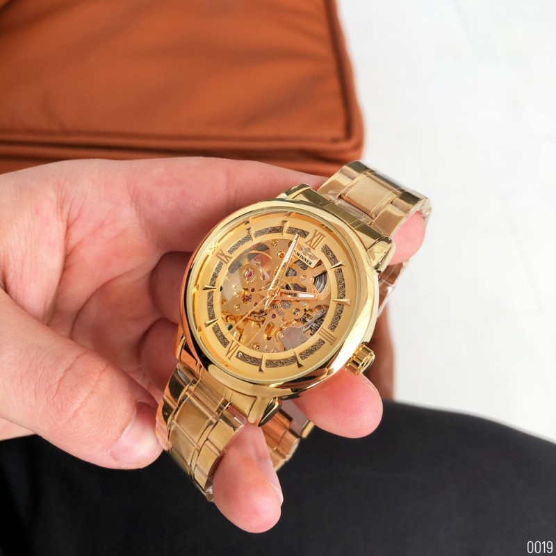Мужские механические часы Winner 8173 Gold с автоподзаводом и стальным браслетом
