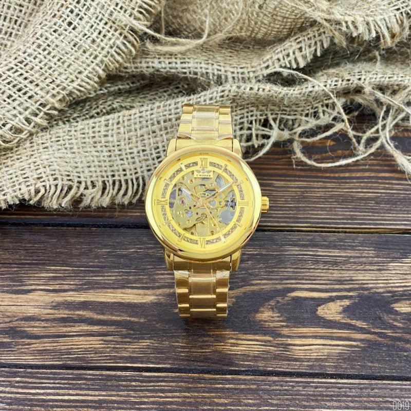 Мужские механические часы Winner 8173 Gold с автоподзаводом и стальным браслетом