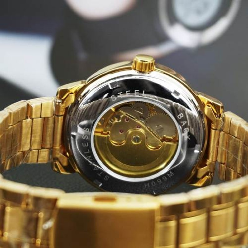 Мужские механические часы Winner 8173 Gold с автоподзаводом и стальным браслетом