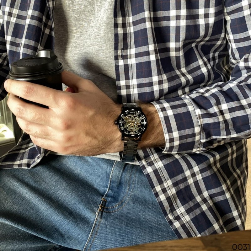 Механічний годинник Winner 8012 Diamonds Automatic Black-Gold з автопідзаводом та сталевим браслетом
