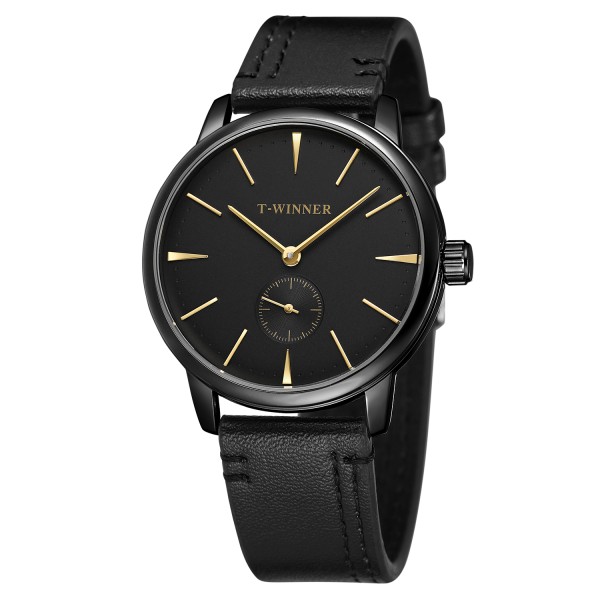 Мужские механические часы Winner 8165 Leather Black Rose Gold с автоподзаводом и кожаным ремешком