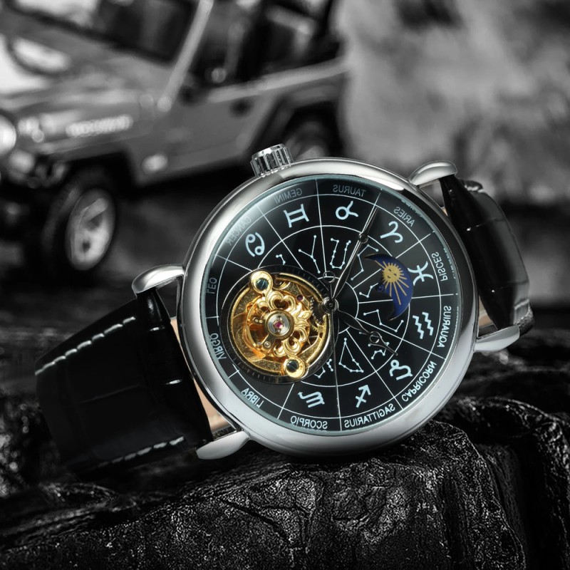 Мужские механические часы Winner 8271 Silver-Black с автоподзаводом и кожаным ремешком