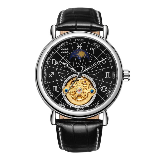 Мужские механические часы Winner 8271 Silver-Black с автоподзаводом и кожаным ремешком