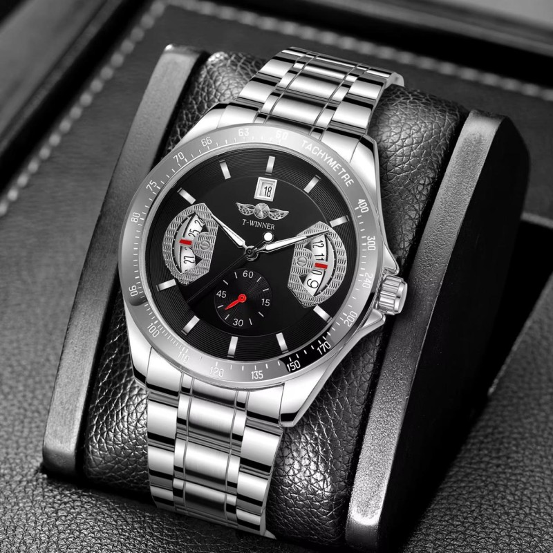 Мужские механические часы Winner 8267 Silver-Black с автоподзаводом и стальным браслетом