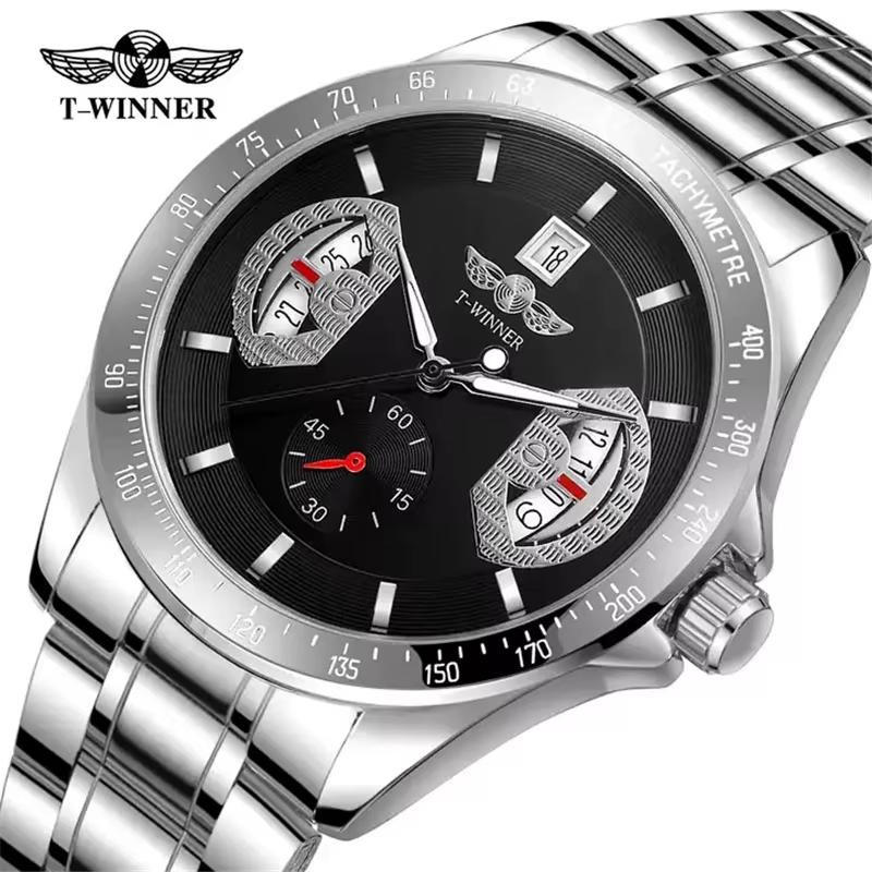 Мужские механические часы Winner 8267 Silver-Black с автоподзаводом и стальным браслетом