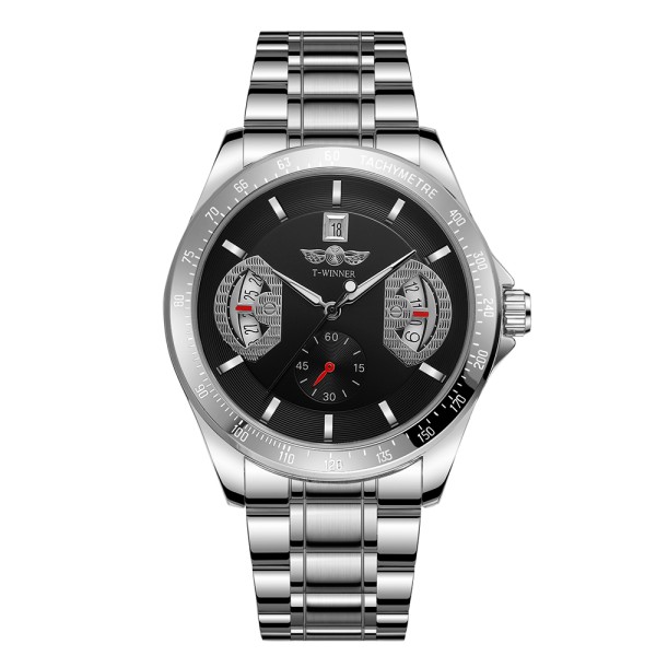 Мужские механические часы Winner 8267 Silver-Black с автоподзаводом и стальным браслетом