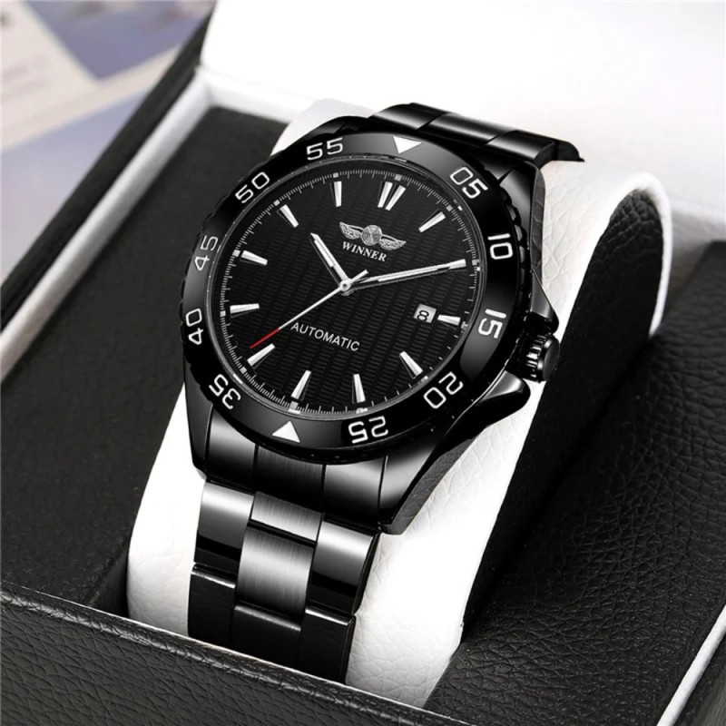 Мужские механические часы Winner 8265 Black с автоподзаводом и стальным браслетом