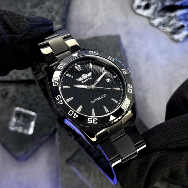 Мужские механические часы Winner 8265 Black с автоподзаводом и стальным браслетом