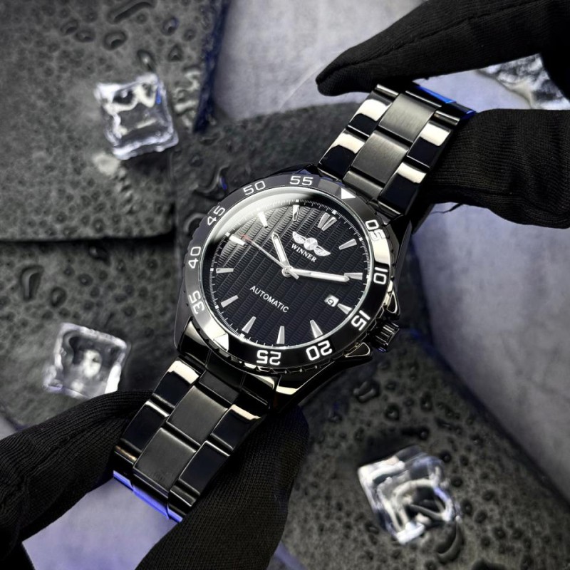 Мужские механические часы Winner 8265 Black с автоподзаводом и стальным браслетом