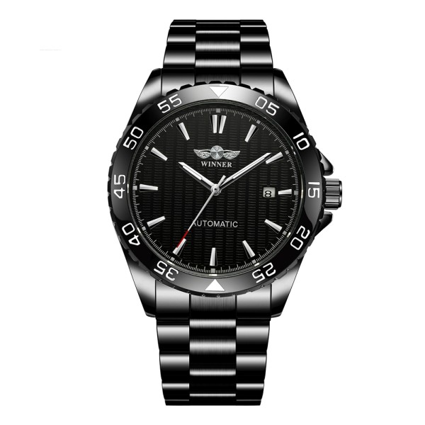 Мужские механические часы Winner 8265 Black с автоподзаводом и стальным браслетом