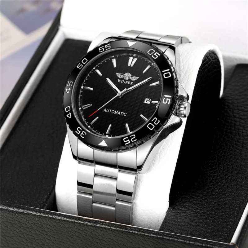 Мужские механические часы Winner 8265 Silver-Black с автоподзаводом и стальным браслетом