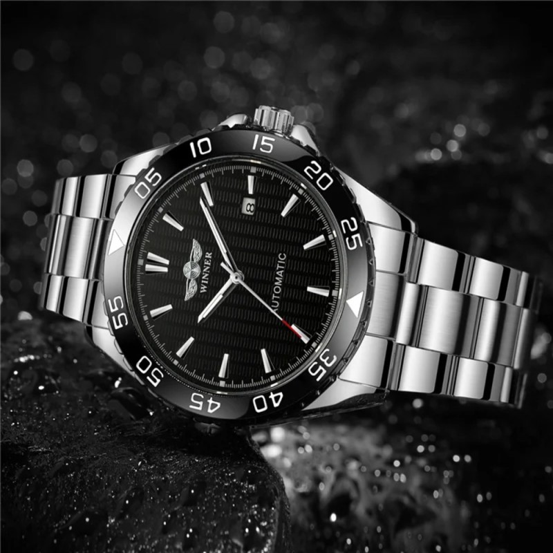 Мужские механические часы Winner 8265 Silver-Black с автоподзаводом и стальным браслетом