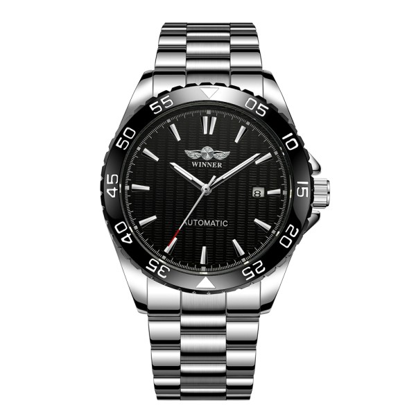 Мужские механические часы Winner 8265 Silver-Black с автоподзаводом и стальным браслетом