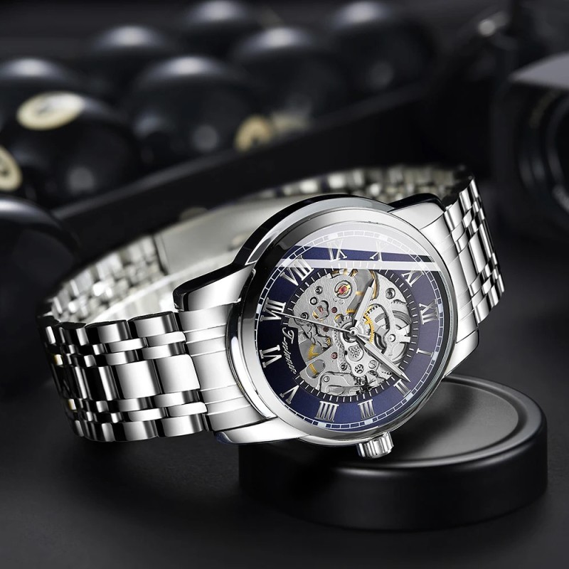 Мужские механические часы Winner 8250 Silver-Blue со стальным браслетом и синим циферблатом