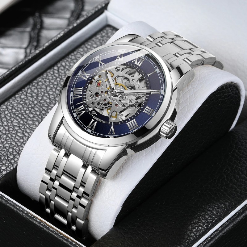 Мужские механические часы Winner 8250 Silver-Blue со стальным браслетом и синим циферблатом
