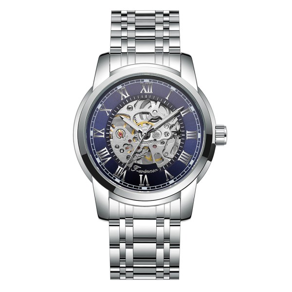Мужские механические часы Winner 8250 Silver-Blue со стальным браслетом и синим циферблатом