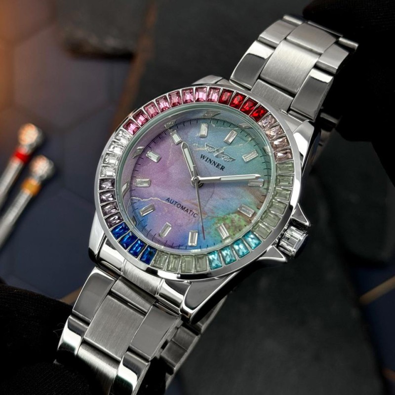 Мужские механические часы Winner 8287 Silver-Blue с автоподзаводом и стальным браслетом