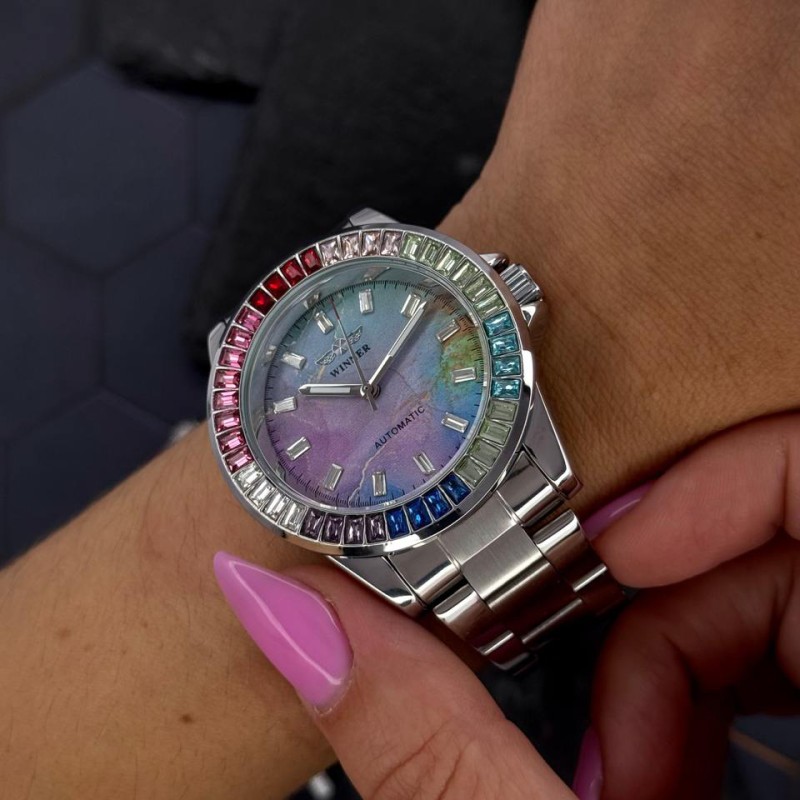 Мужские механические часы Winner 8287 Silver-Blue с автоподзаводом и стальным браслетом