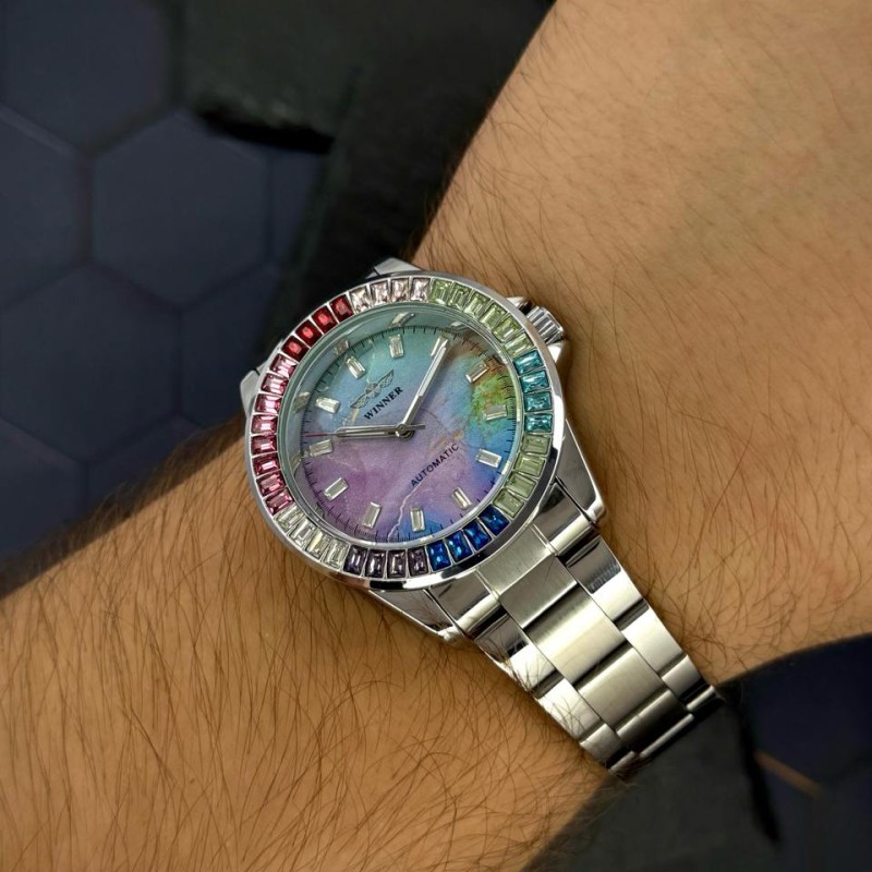 Мужские механические часы Winner 8287 Silver-Blue с автоподзаводом и стальным браслетом