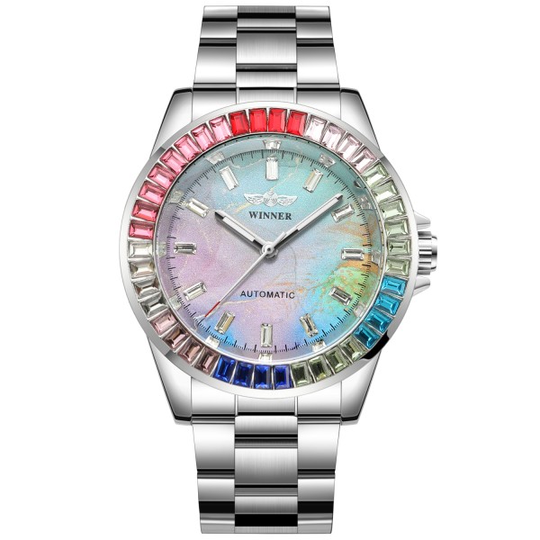 Мужские механические часы Winner 8287 Silver-Blue с автоподзаводом и стальным браслетом