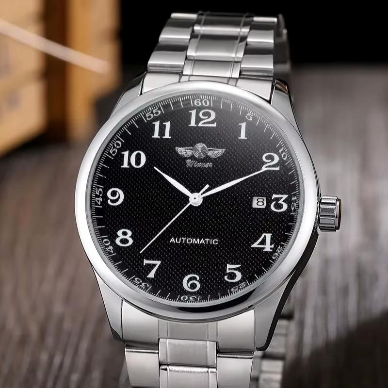 Мужские механические часы Winner 8023 Silver-Black Steel с автоподзаводом и стальным браслетом