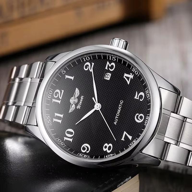 Мужские механические часы Winner 8023 Silver-Black Steel с автоподзаводом и стальным браслетом