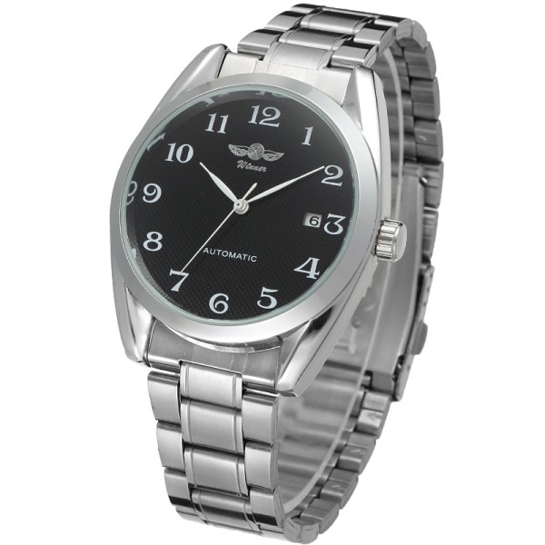 Мужские механические часы Winner 8023 Silver-Black Steel с автоподзаводом и стальным браслетом