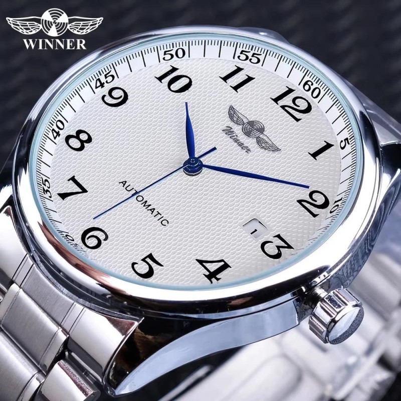 Мужские механические часы Winner 8023 Silver-White Steel с автоподзаводом и стальным браслетом