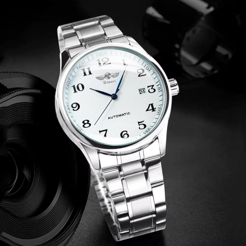 Мужские механические часы Winner 8023 Silver-White Steel с автоподзаводом и стальным браслетом