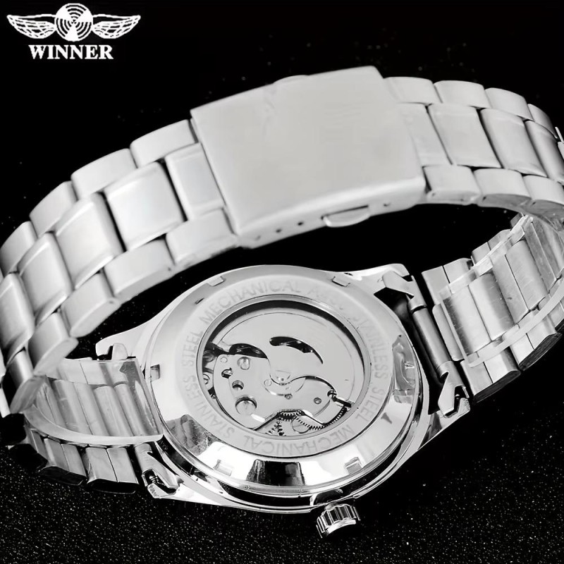 Мужские механические часы Winner 8023 Silver-White Steel с автоподзаводом и стальным браслетом