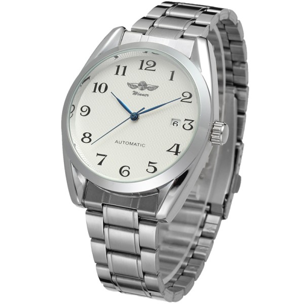 Мужские механические часы Winner 8023 Silver-White Steel с автоподзаводом и стальным браслетом