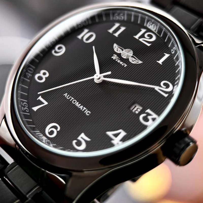 Мужские механические часы Winner 8023 Black Steel с автоподзаводом и стальным браслетом