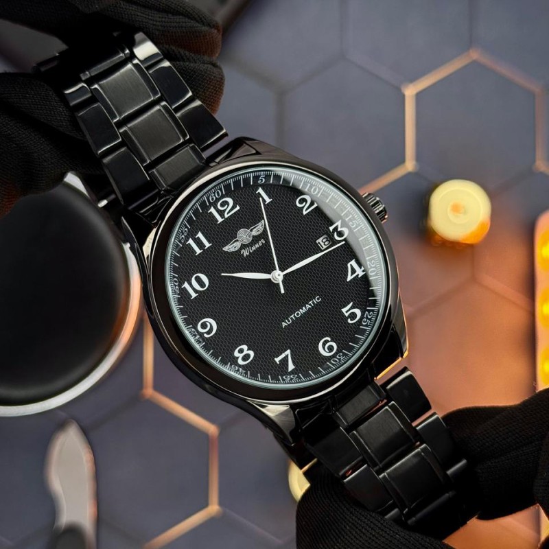 Мужские механические часы Winner 8023 Black Steel с автоподзаводом и стальным браслетом