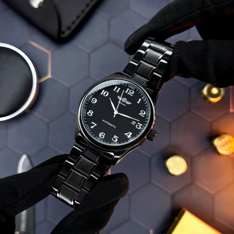 Мужские механические часы Winner 8023 Black Steel с автоподзаводом и стальным браслетом