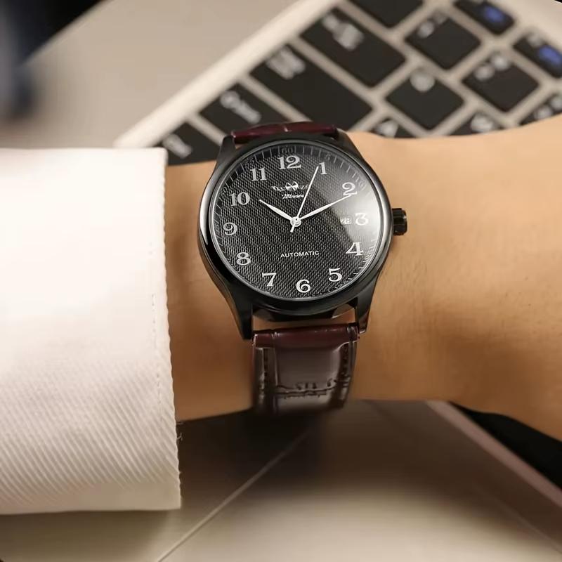 Мужские механические часы Winner 8023 Black Leather с автоподзаводом и датой