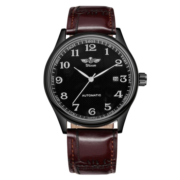 Мужские механические часы Winner 8023 Black Leather с автоподзаводом и датой