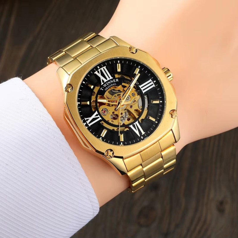 Мужские механические часы Winner 8184 Gold-Black Steel с автоподзаводом и стальным браслетом