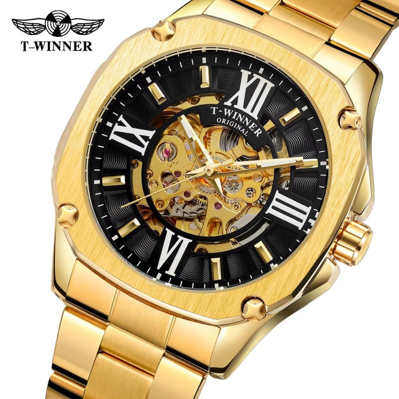 Мужские механические часы Winner 8184 Gold-Black Steel с автоподзаводом и стальным браслетом