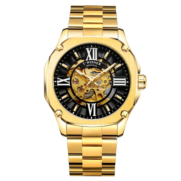 Мужские механические часы Winner 8184 Gold-Black Steel с автоподзаводом и стальным браслетом