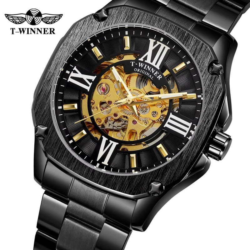 Мужские механические часы Winner 8184 Black Steel с автоподзаводом и стальным браслетом