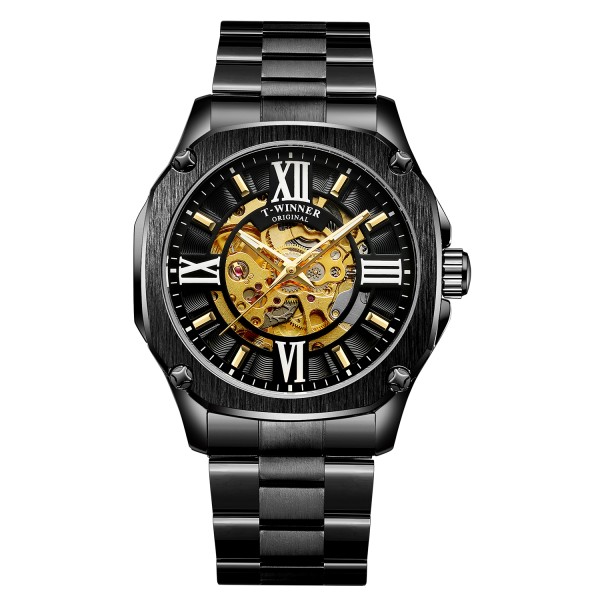 Мужские механические часы Winner 8184 Black Steel с автоподзаводом и стальным браслетом