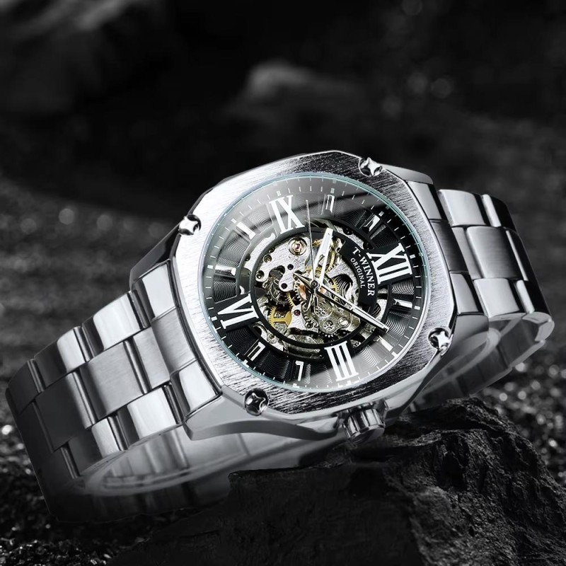 Мужские механические часы Winner 8184 Silver-Black Steel с автоподзаводом и стальным браслетом