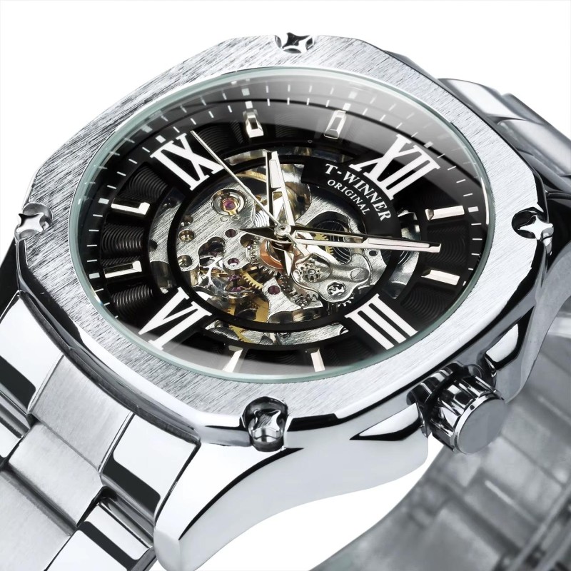 Мужские механические часы Winner 8184 Silver-Black Steel с автоподзаводом и стальным браслетом