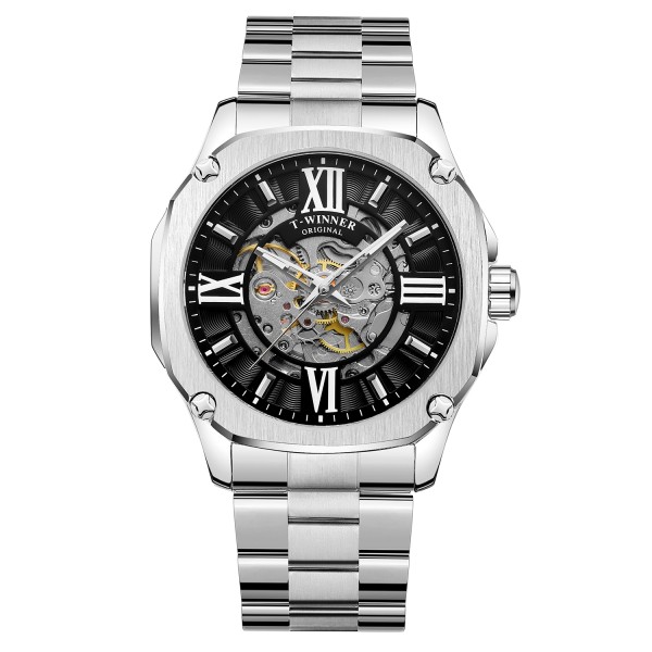 Мужские механические часы Winner 8184 Silver-Black Steel с автоподзаводом и стальным браслетом