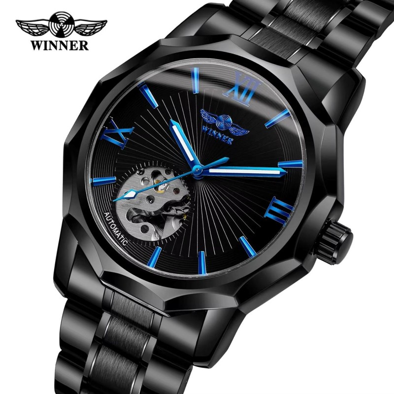 Мужские механические часы Winner 8116 Black Steel с автоподзаводом и браслетом