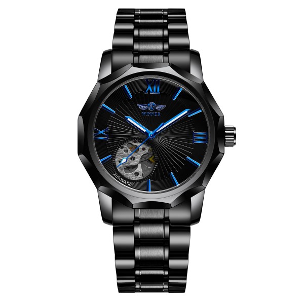 Мужские механические часы Winner 8116 Black Steel с автоподзаводом и браслетом