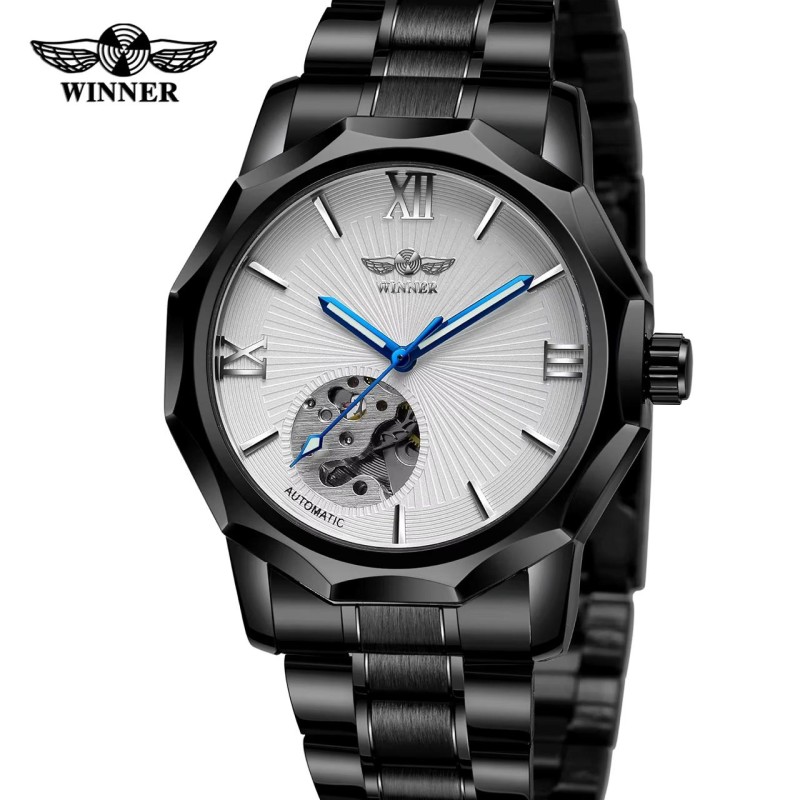 Мужские механические часы Winner 8116 Black-White Steel с автоподзаводом и стальным браслетом