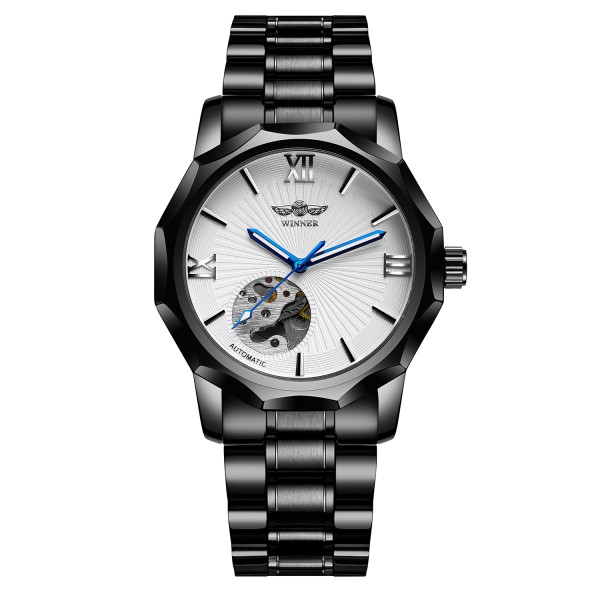 Мужские механические часы Winner 8116 Black-White Steel с автоподзаводом и стальным браслетом