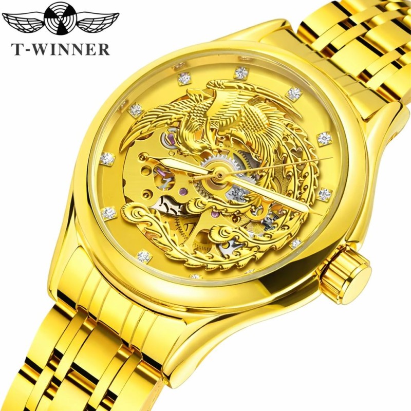 Мужские механические часы Winner 8222 Gold Steel с автоподзаводом и золотистым браслетом